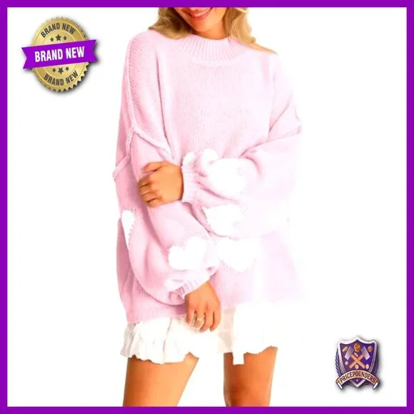 Oversized Heart Sweater Chunky Knit Mock Neck Long Sleeve Tunic Y2K - Picture 4 of 7